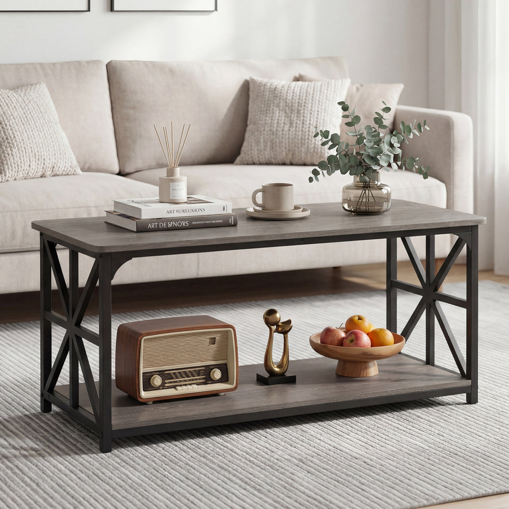 2-tier oak coffee table with storage shelf, featuring a carbon steel frame and farmhouse style, perfect for living room.