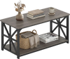 2-tier coffee table in rustic brown oak with storage shelf and x-shaped metal accents for farmhouse style decor.