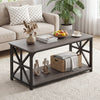 Coffee table with 2-tier storage shelf in rustic brown oak, featuring x-shaped metal accents for farmhouse style.