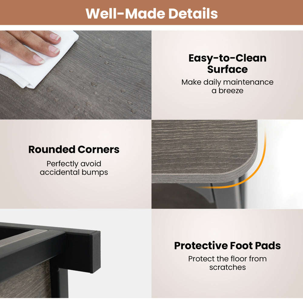 2-tier oak coffee table with rounded corners, easy-to-clean surface, and protective foot pads for scratch prevention.