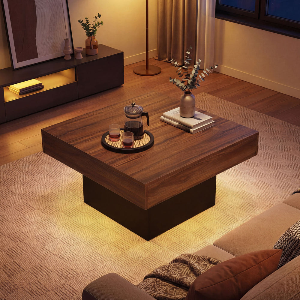 Rustic brown coffee table accent table showcasing smart RGB LED lights, perfect for adding ambiance to modern living.