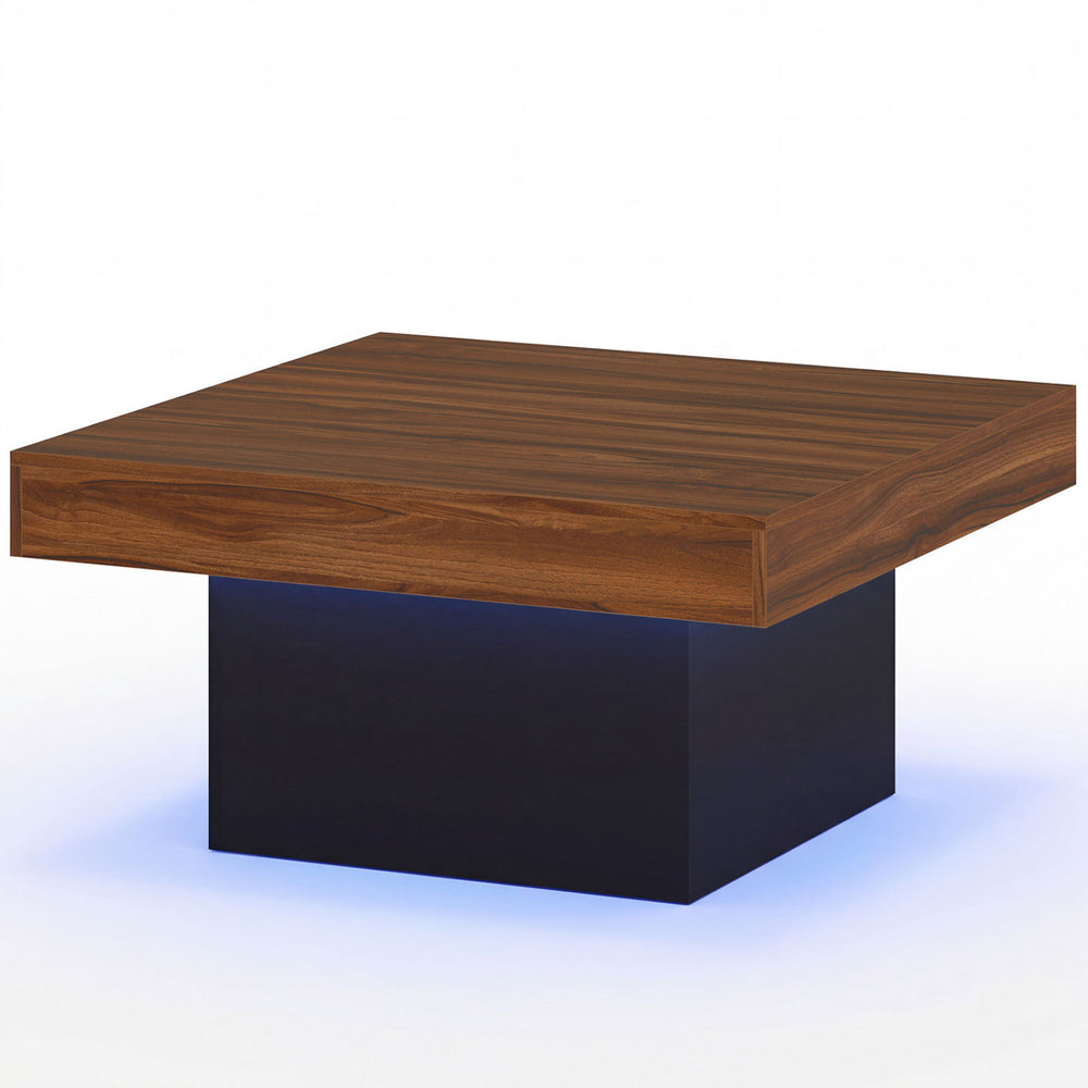 Rustic brown coffee table with LED lights, spacious surface, and protective foot pads for versatile storage and style.