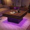 Rustic brown coffee table with LED lights, spacious surface, and remote control for dynamic lighting modes.