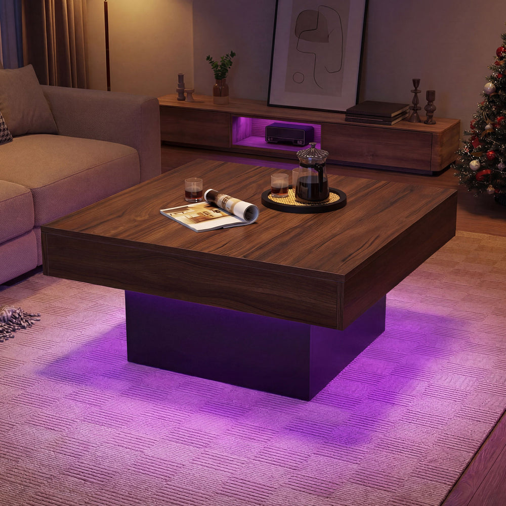 Rustic brown coffee table with LED lights, spacious surface, and remote control for dynamic lighting modes.
