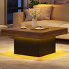 Rustic brown coffee table with LED lights, spacious surface, and remote control for dynamic color modes in a cozy.