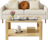 Natural wood 2-tier coffee table with a tempered glass top, featuring a stylish storage shelf for organized living room.