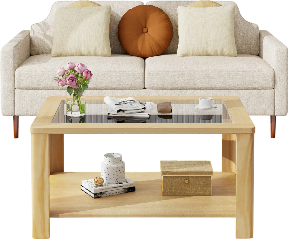 Natural wood 2-tier coffee table with a tempered glass top, featuring a stylish storage shelf for organized living room.