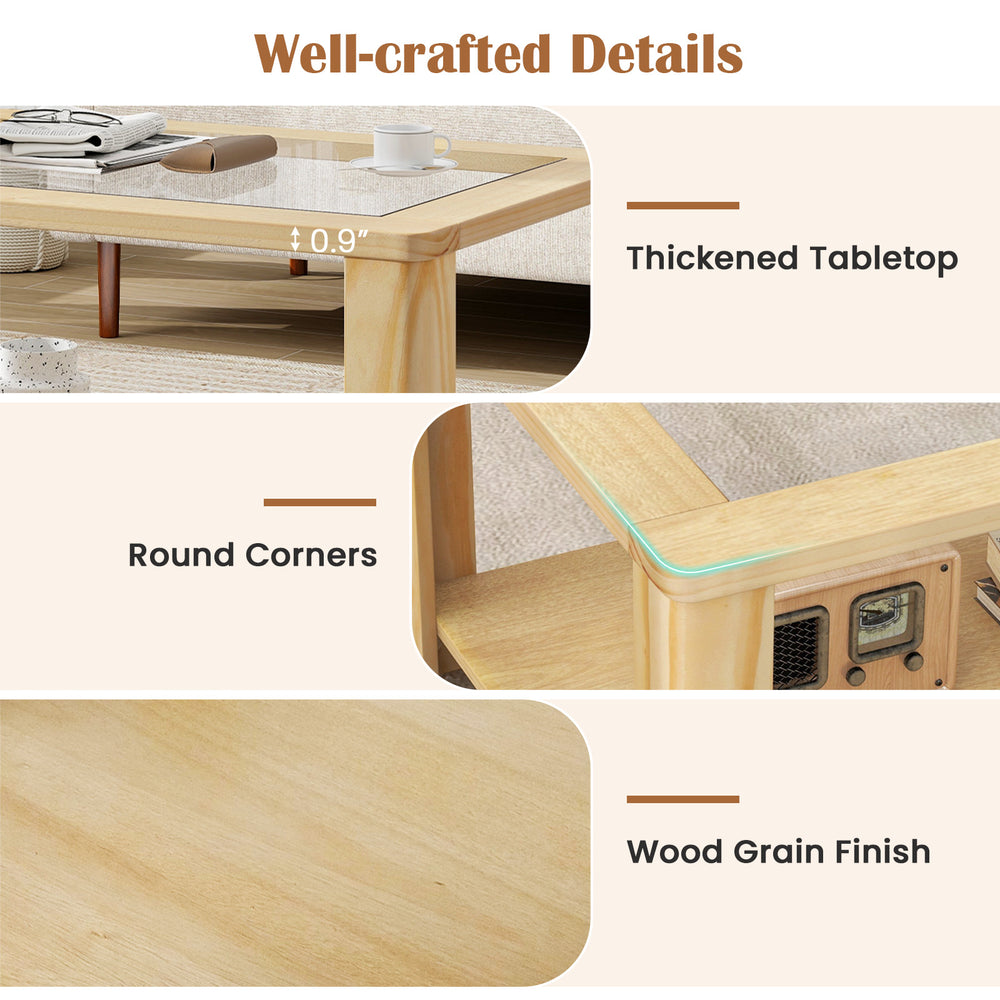 Rectangular 2-tier coffee table with tempered glass tabletop, wood grain finish, and round corners for safe use.