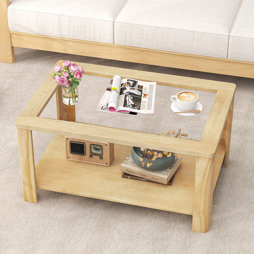 Rectangular 2-tier coffee table with tempered glass top and natural wood finish, ideal for living room storage and.