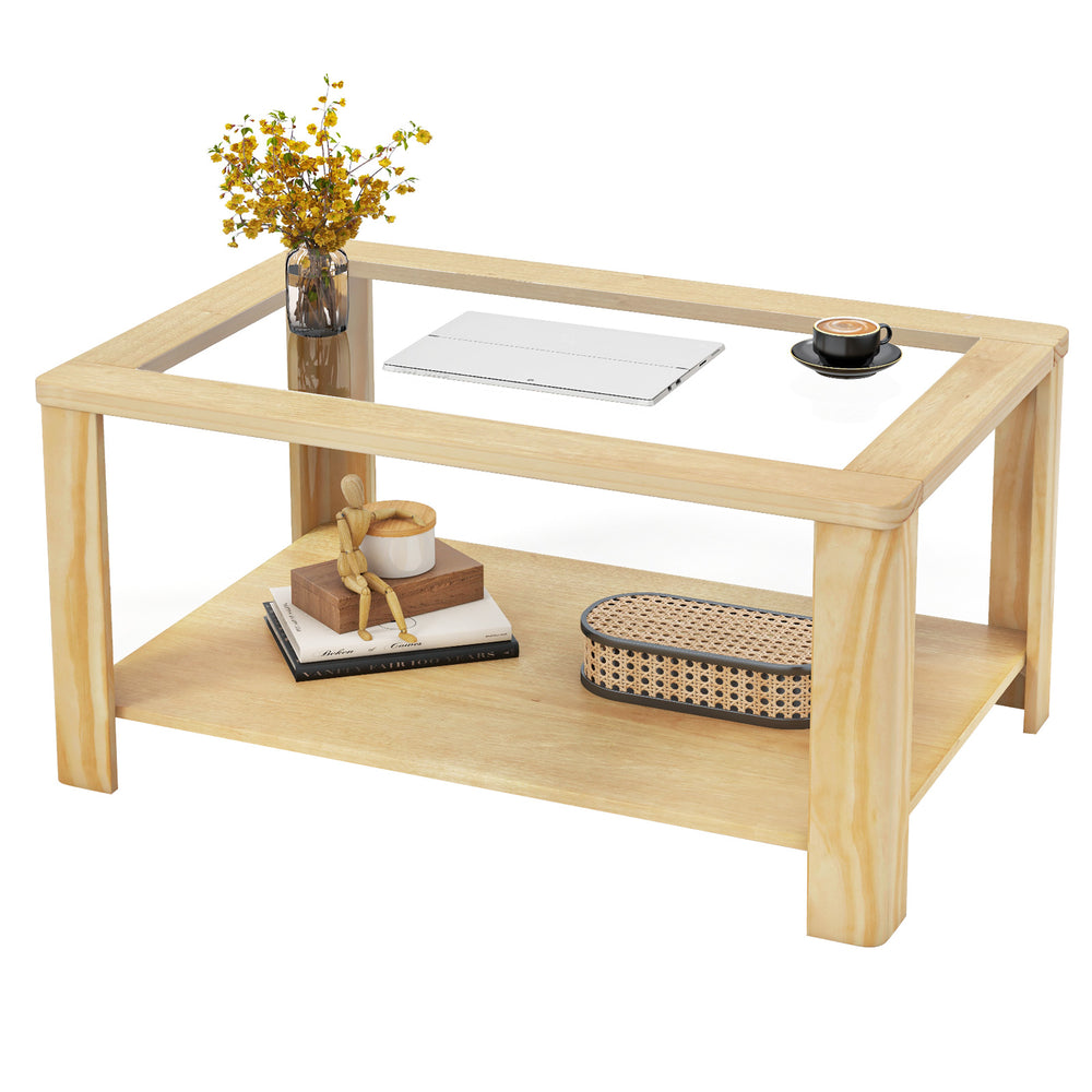 Close-up view of the tempered glass tabletop on a 2-tier coffee table, showcasing its scratch-resistant and.