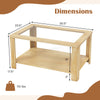 Rectangular 2-tier coffee table with tempered glass top, natural wood finish, dimensions 35.5"x23.5"x17.5", for living.