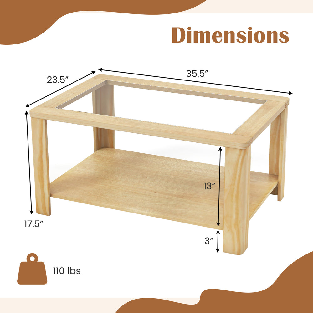 Rectangular 2-tier coffee table with tempered glass top, natural wood finish, dimensions 35.5"x23.5"x17.5", for living.