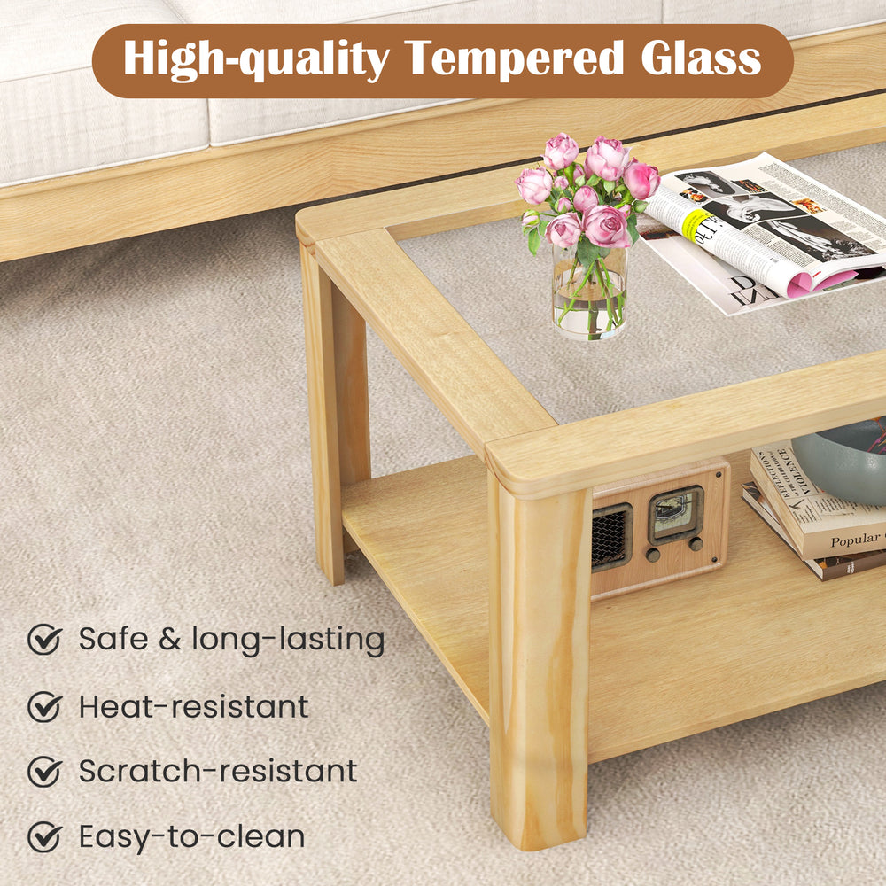 Rectangular 2-tier coffee table with tempered glass top, natural wood finish, and storage shelf for a tidy living room.
