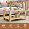 Rectangular 2-tier coffee table with tempered glass top, natural wood finish, perfect for magazines and snacks.