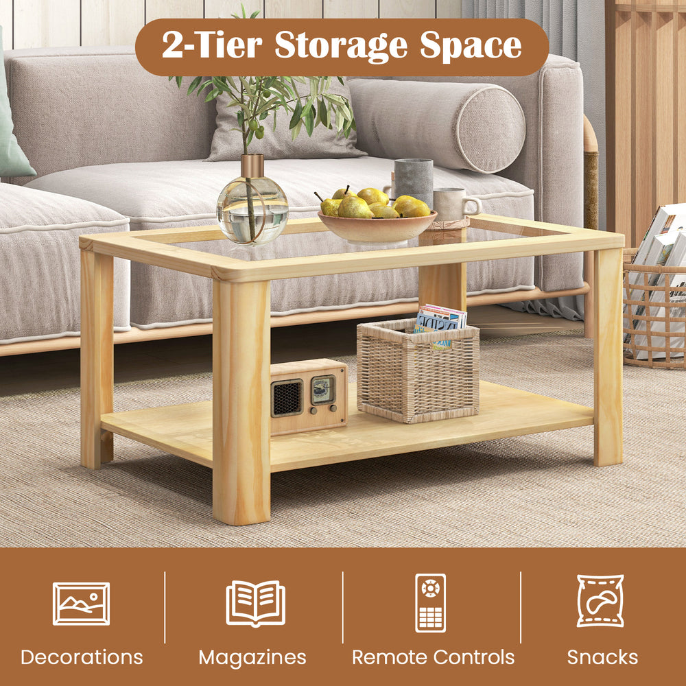Rectangular 2-tier coffee table with tempered glass top, natural wood finish, perfect for magazines and snacks.