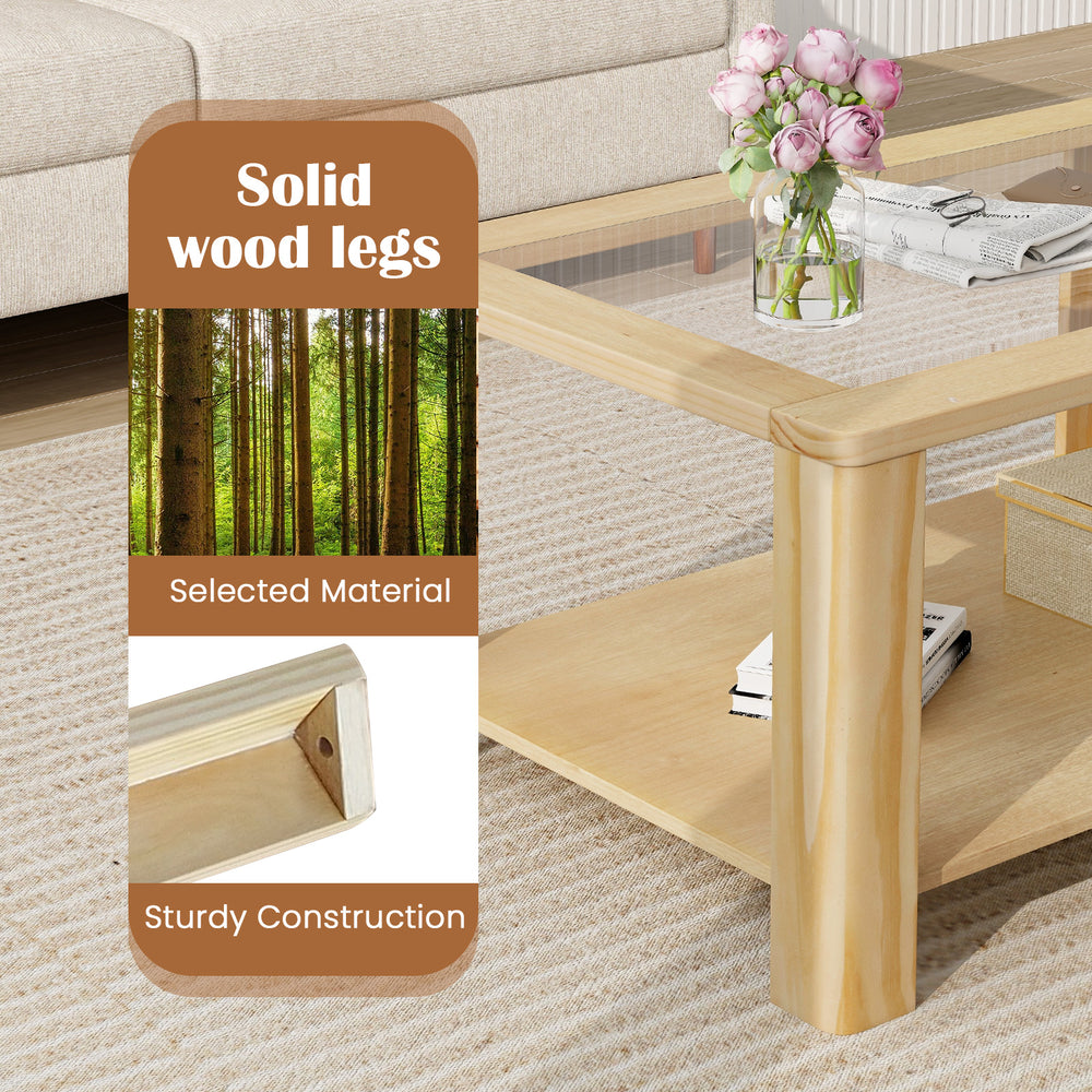 Close-up of the solid wood legs of the 2-tier coffee table with a natural finish, showcasing sturdy construction and.
