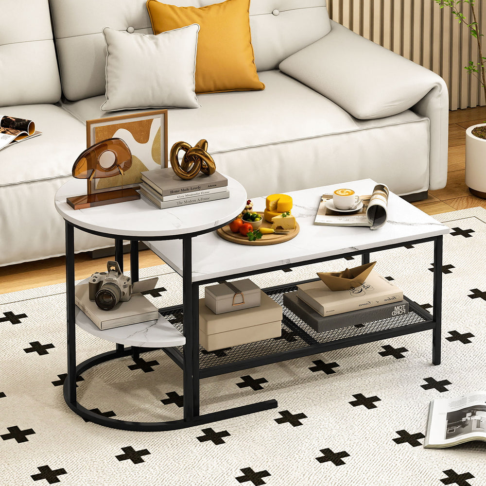 Coffee Table Set of 2 2-Tier Rectangle Coffee Table and Side End Table with Storage Shelves-White - Gallery View 1 of 11