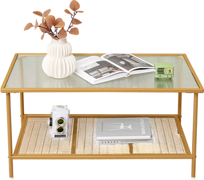 Costway 2-Tier Glass Top Coffee Table with Shelf Golden 18647293 New
