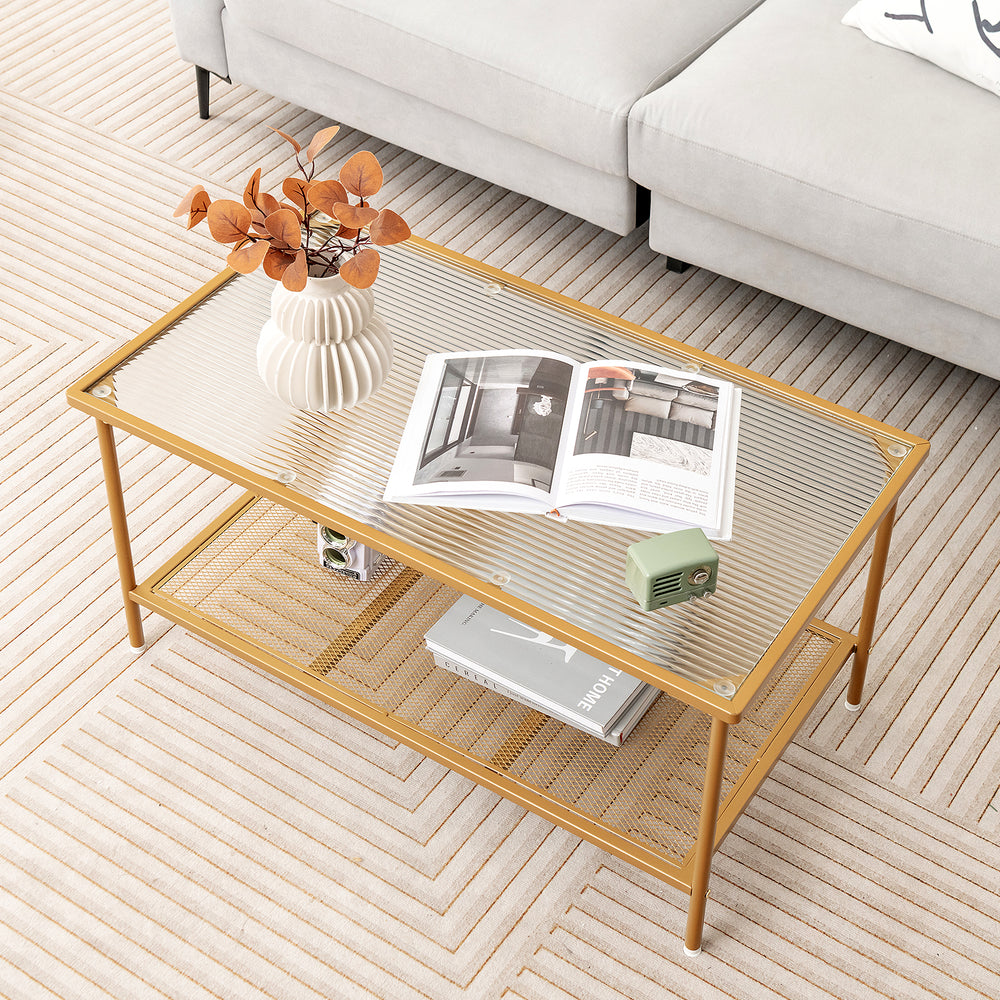 2-tier coffee table with a golden metal frame and tempered glass top, perfect for stylish home or office use.