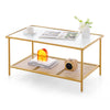 2-tier coffee table with tempered glass top in golden finish, featuring a lower shelf for storage, ideal for home or.