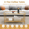 2-tier coffee table with tempered glass top in golden finish, perfect for living room storage and stylish decor.