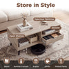 Rustic rectangle coffee table with storage, featuring open shelves, a drawer, and a spacious tabletop for versatile use.