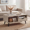 Rustic rectangle coffee table with storage, featuring open shelves, a drawer, and splayed legs for stylish living room.