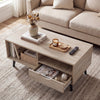 Rustic rectangle coffee table with spacious tabletop and open shelves, ideal for living room decor and storage.