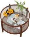 Round coffee table with tempered glass top and hand-woven rattan shelf, perfect for living room decor.