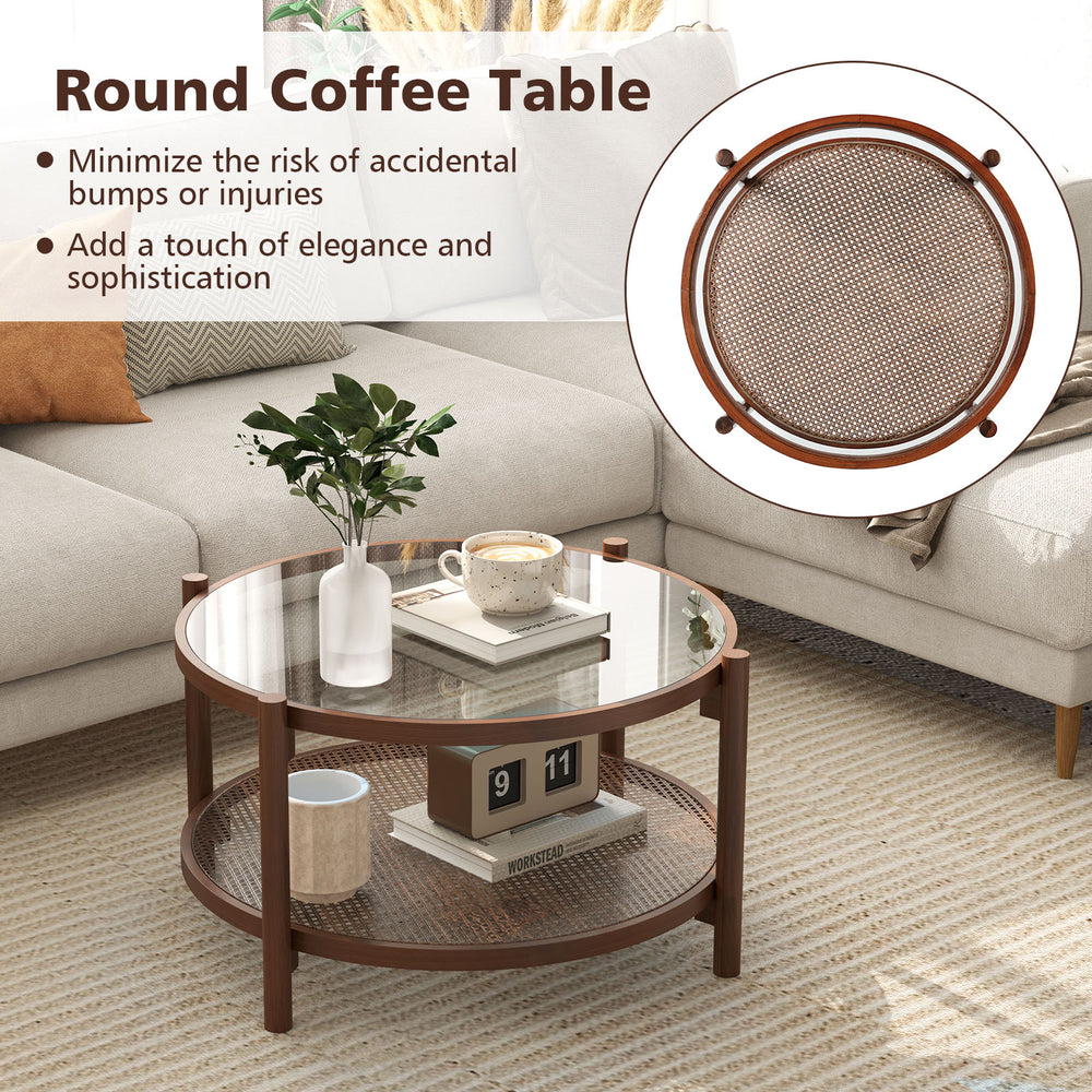 Round coffee table featuring a tempered glass top and a hand-woven rattan shelf, adding a rustic charm to your living.