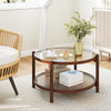 Round coffee table with a solid wood frame and tempered glass top, featuring a hand-woven rattan shelf for stylish.