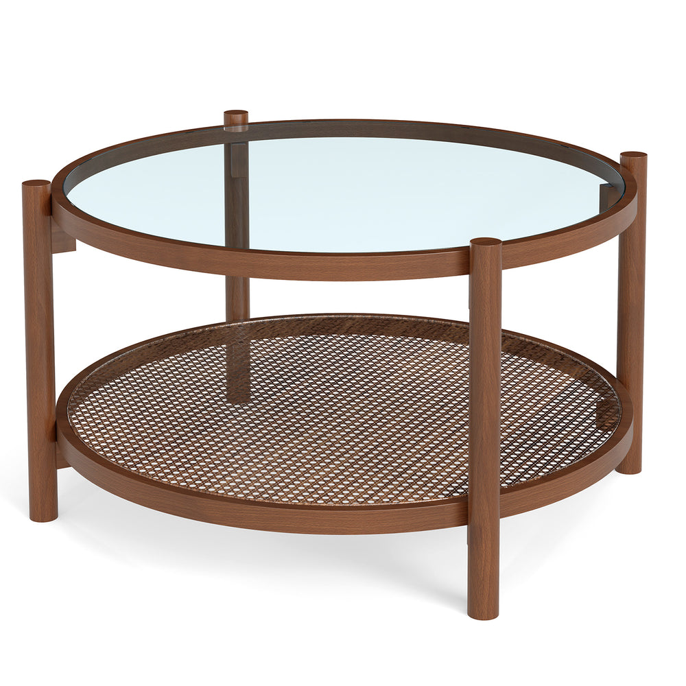 Round coffee table with tempered glass top and hand-woven rattan shelf, perfect for living room elegance and.