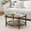 Round coffee table with a solid wood frame and elegant rattan shelf, perfect for stylish living room arrangements.