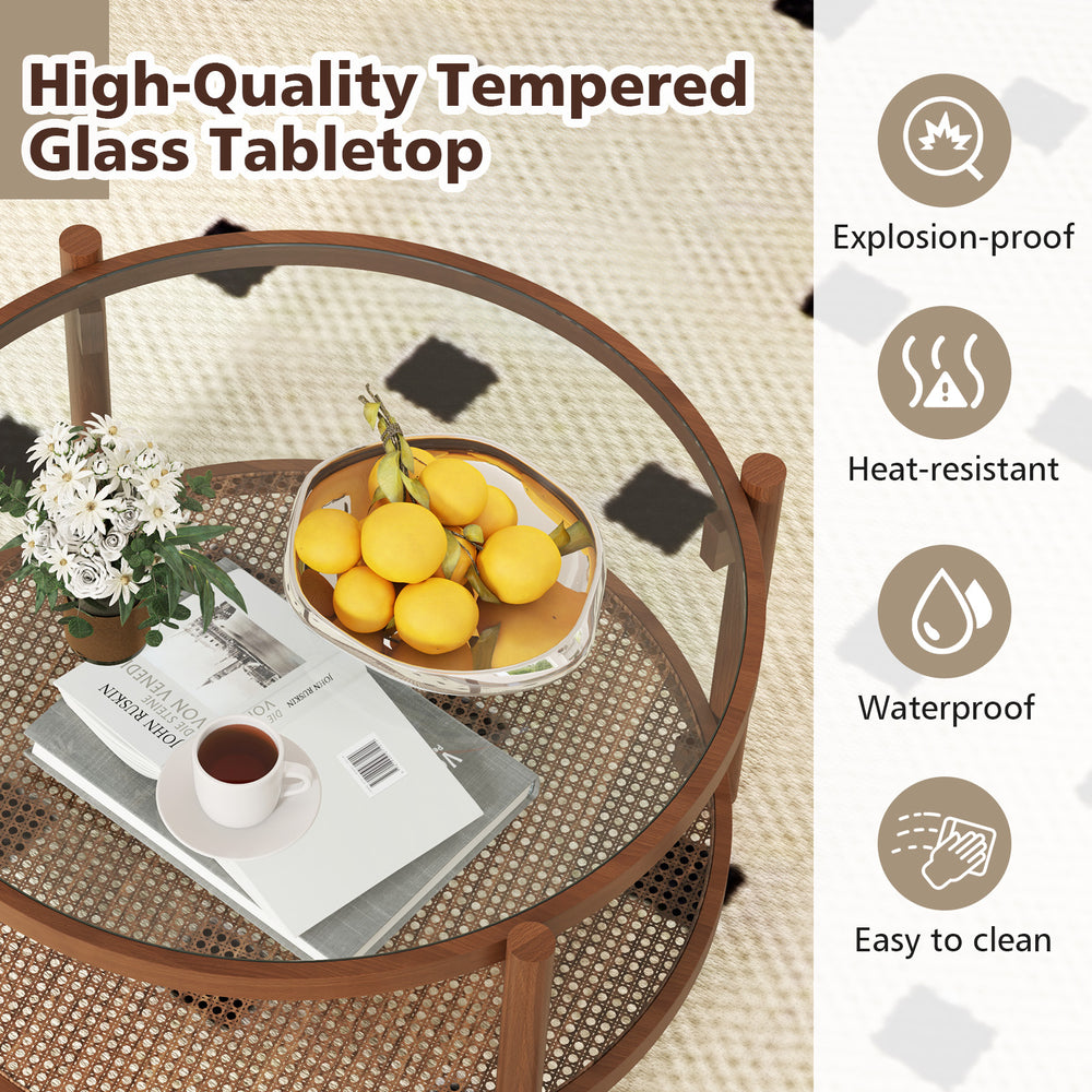 Round coffee table showcasing a sleek tempered glass surface and a stylish hand-woven rattan shelf, ideal for cozy.