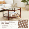 Round coffee table with tempered glass top and hand-woven PE rattan shelf, perfect for living room organization.