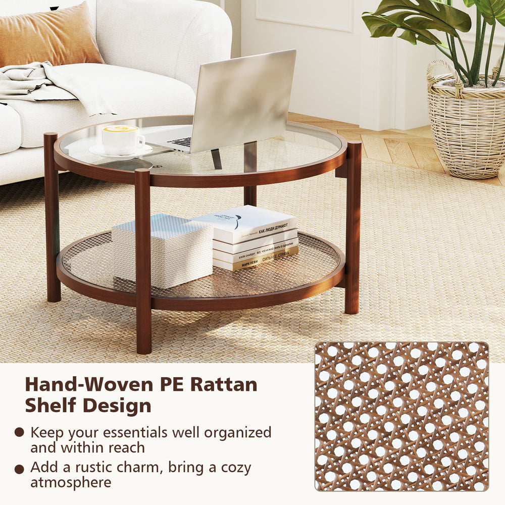 Round coffee table with tempered glass top and hand-woven PE rattan shelf, perfect for living room organization.