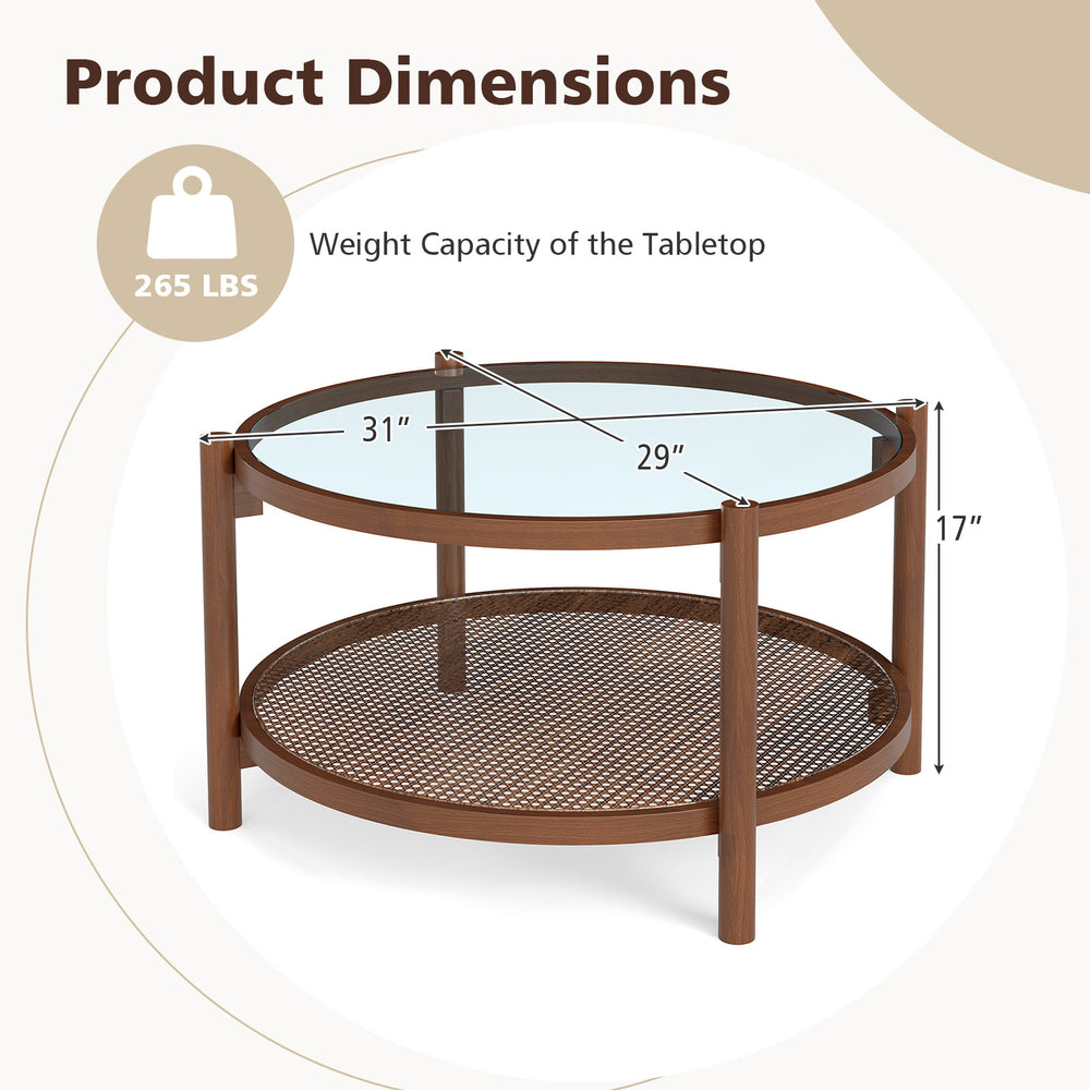 Round coffee table with tempered glass top and rattan shelf, 31 inches, sturdy wood frame for living room use.