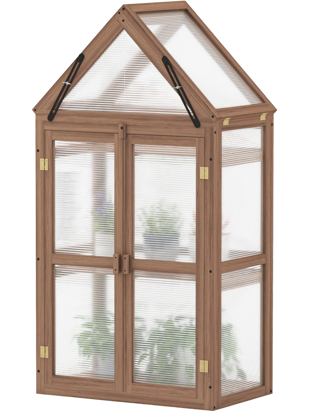 Mini wooden greenhouse with transparent polycarbonate panels, sloping roof, and three removable shelves for plant care.