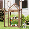 Mini wooden greenhouse with transparent panels and sloping roof, featuring three removable shelves for plants and tools.