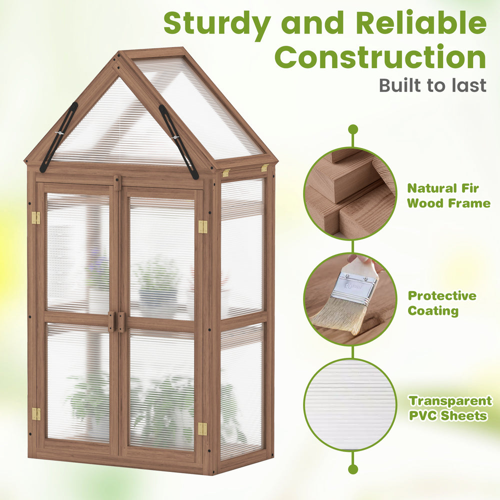Mini wooden greenhouse with transparent PVC sheets and natural fir wood frame, ideal for plant care and ventilation.