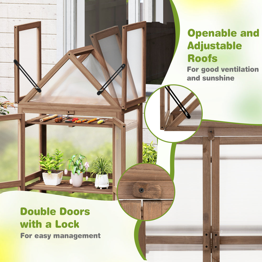 Mini wooden greenhouse with openable roof, double doors, and removable shelves for optimal plant care and ventilation.
