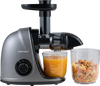 Cold press juicer machine in silver with 24 oz juice jug and 34 oz pulp container for efficient juice extraction.
