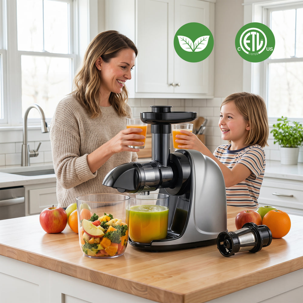 Cold press juicer in silver with 95% juice yield, featuring 2-speed modes, shown with fresh juice and fruits.