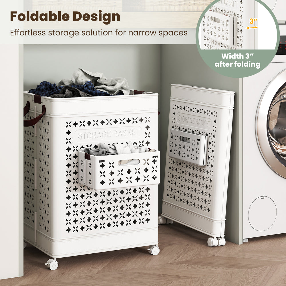 Collapsible laundry basket with a large bin and small hanging basket, foldable design for space-saving storage.