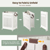 Collapsible laundry basket in white, 20-gallon capacity, foldable design with wheels for easy mobility and storage.