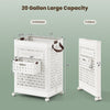 Collapsible 20-gallon white laundry basket with small hanging basket, foldable design, and universal wheels for easy.