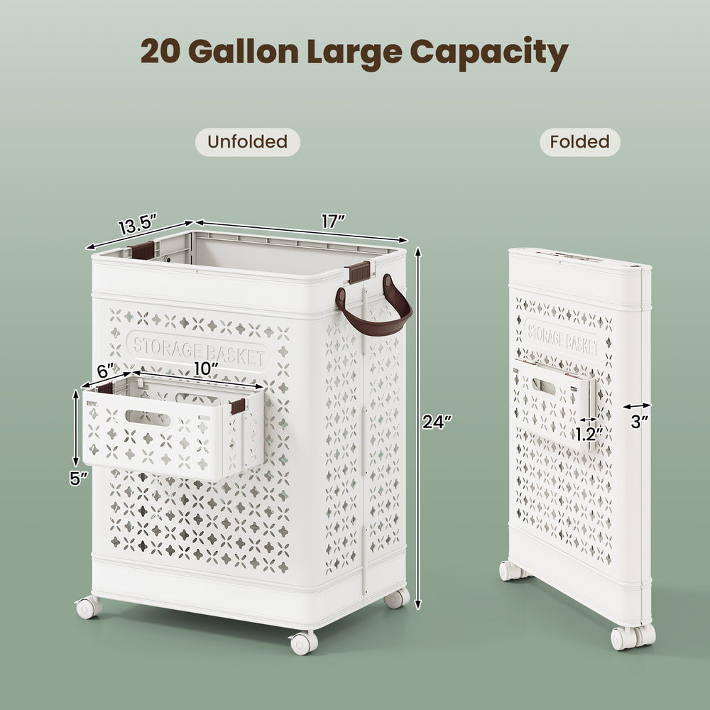 Collapsible 20-gallon white laundry basket with small hanging basket, foldable design, and universal wheels for easy.