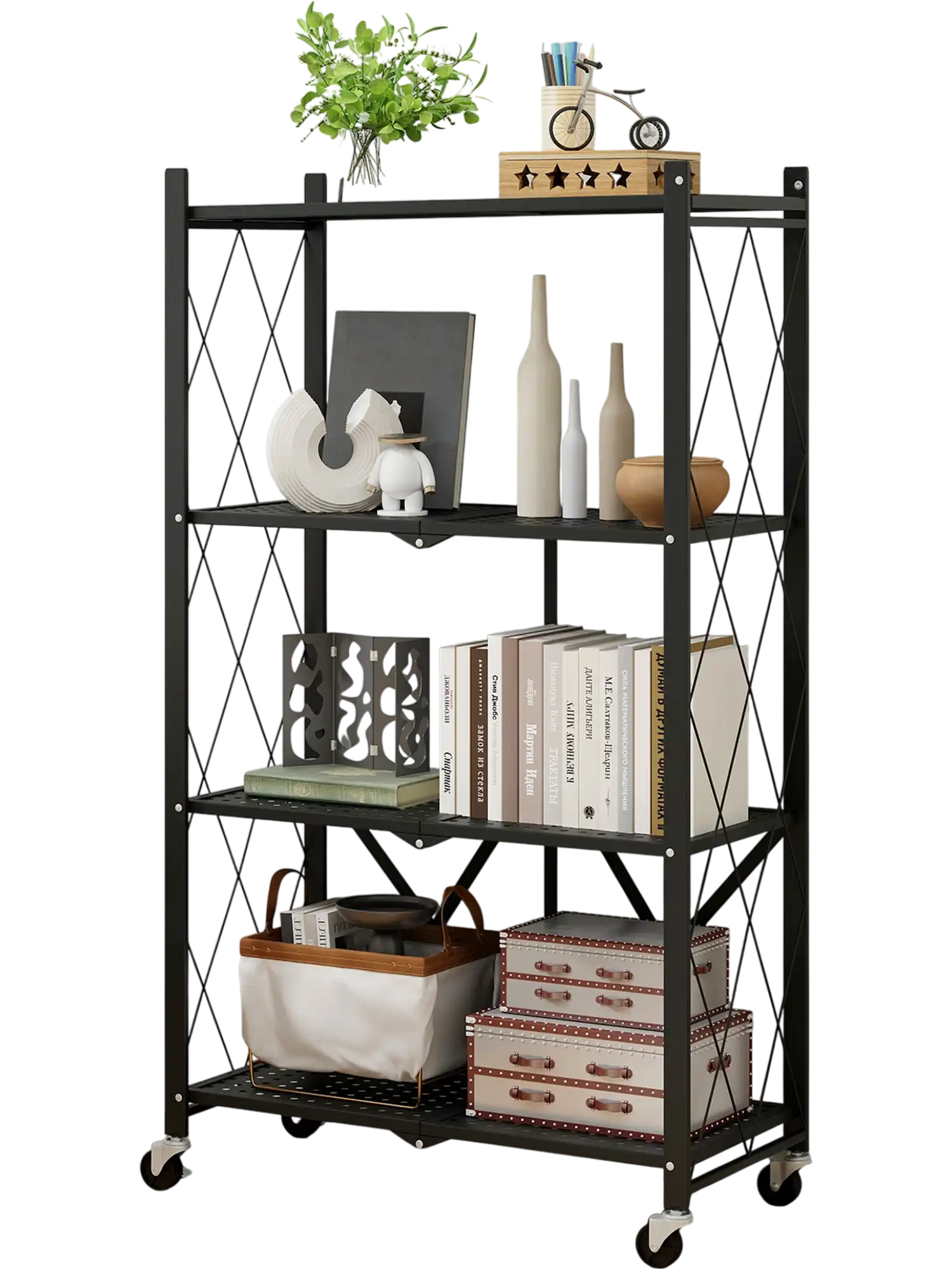 Costway 4-Tier Foldable Storage Shelf Rack Lockable Wheels Black 96154382 New