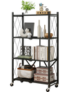 4-tier black foldable storage shelf with lockable wheels, ideal for organizing books, plants, or tools in any space.