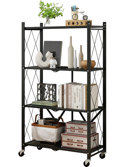 Costway 4-Tier Foldable Storage Shelf Rack Lockable Wheels Black 96154382 New